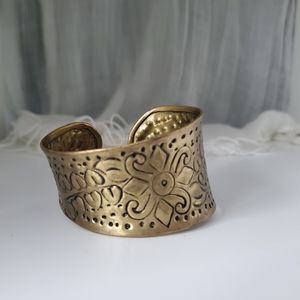 Brass Hand Embossed Stylized Floral Cuff
